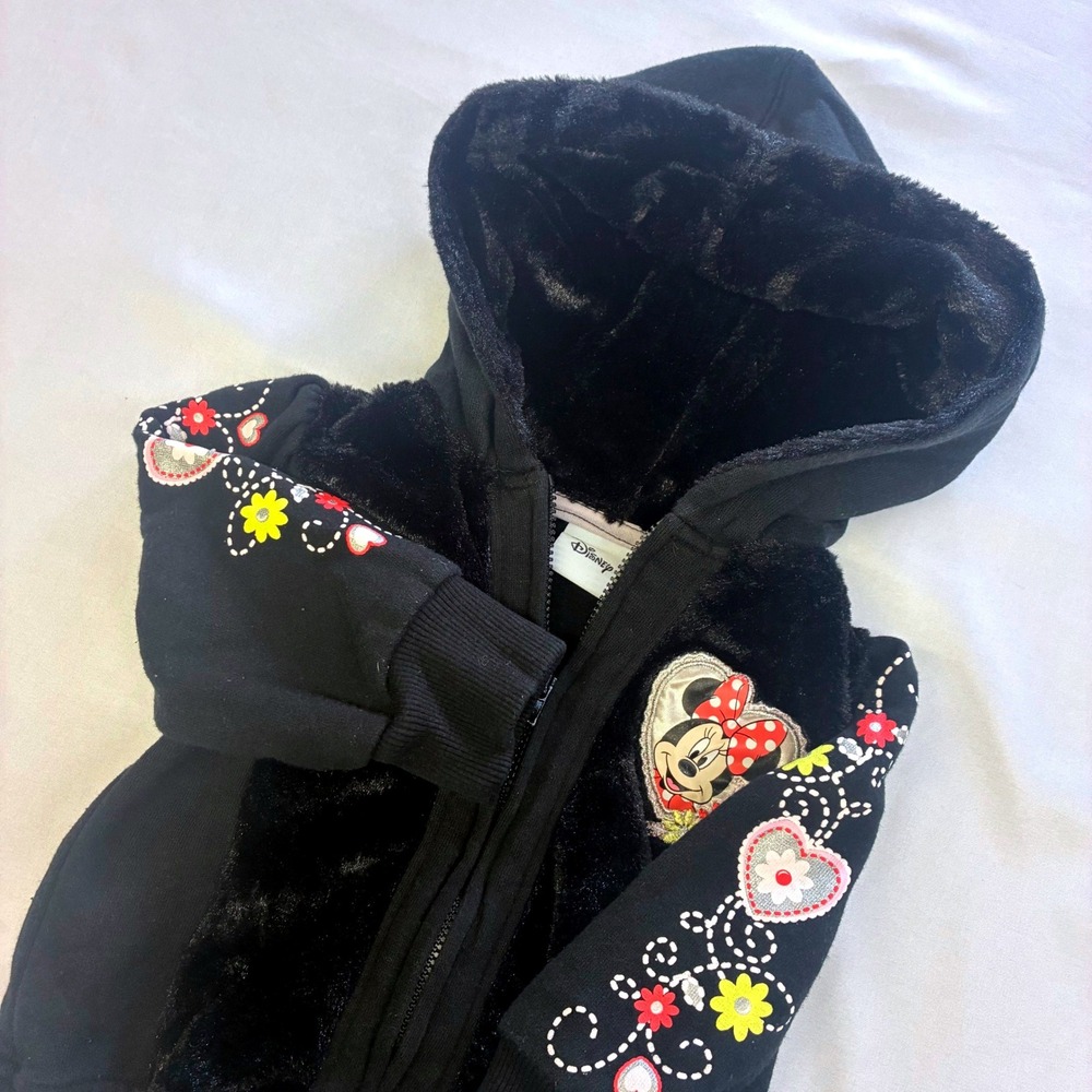 Disney Minnie Mouse Zip Up‎ Hoodie Kids 12M Black Faux Fur Heart Embroidered